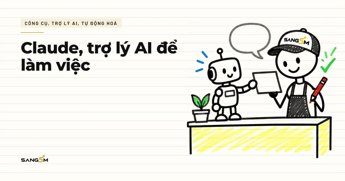 Người đội nón SANG5M ở quầy cửa hàng trò chuyện với robot trợ lý nhỏ, robot đưa bản nháp, người cầm bút đỏ đọc lại