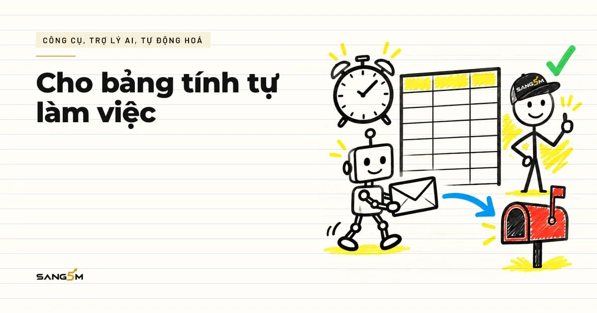 Người đội nón SANG5M đứng cạnh bảng tính lớn, robot nhỏ bước ra từ bảng mang phong bì tới hộp thư, đồng hồ báo thức kế bên