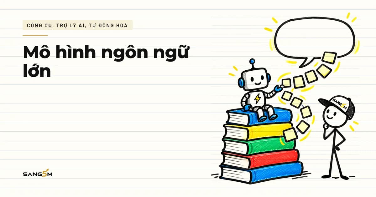 Người đội nón SANG5M nhìn robot nhỏ ngồi trên chồng sách, những mảnh ghép trống bay ra nối thành bong bóng lời nói