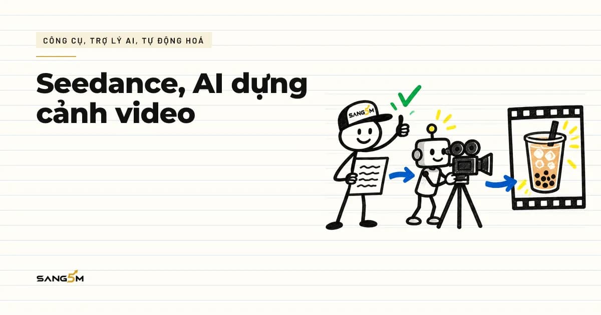 Người đội nón SANG5M cầm tờ câu tả đứng cạnh robot nhỏ quay máy, khung phim chiếu cảnh ly trà sữa