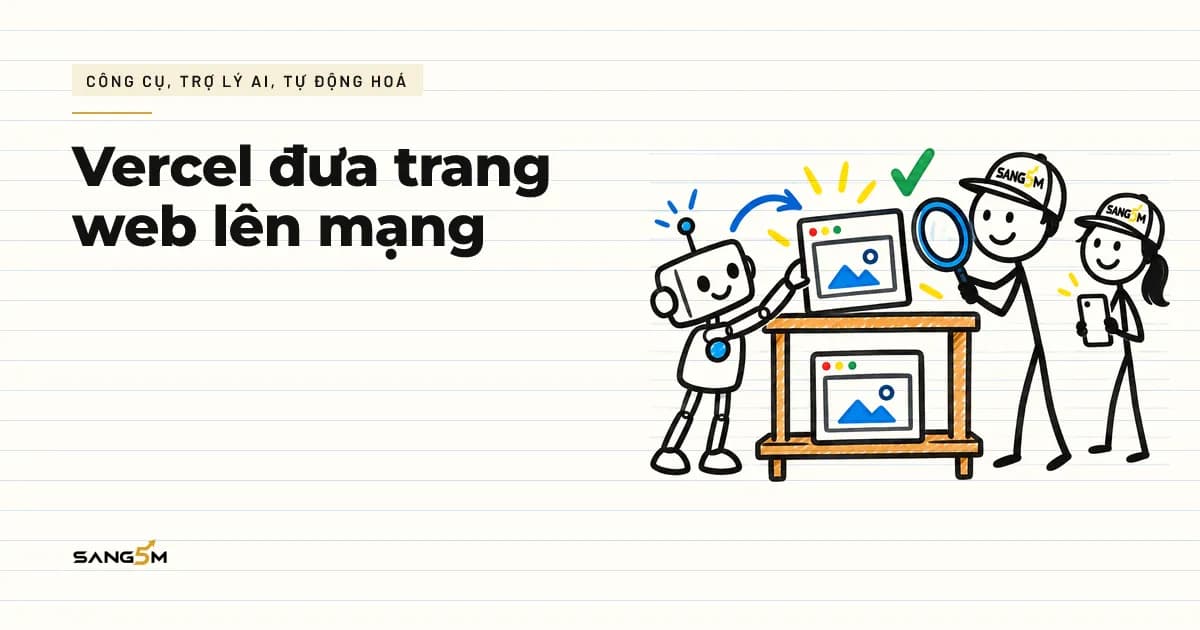 Người đội nón SANG5M cầm kính lúp kiểm trang web trên kệ, robot nhỏ đặt bản trang mới lên kệ, khách cầm điện thoại đứng chờ