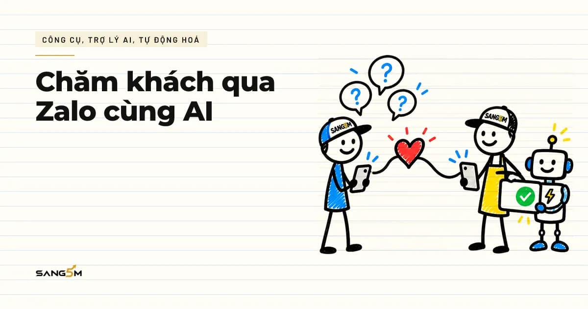 Chủ cửa hàng và khách nhắn qua điện thoại nối bằng trái tim đỏ, bên cạnh là trợ lý AI nhỏ cầm sẵn bản nháp tin trả lời