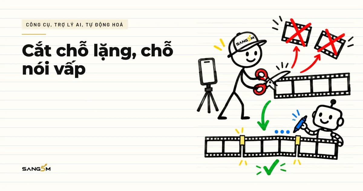 Người đội nón SANG5M cầm kéo cắt bỏ vài khung trên dải phim dài, robot nhỏ cầm bút đánh dấu chỗ lặng