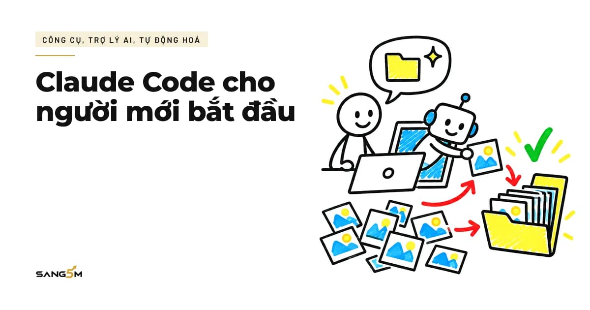 Trợ lý AI bước ra khỏi màn hình máy tính, xếp đống ảnh lộn xộn vào một thư mục gọn