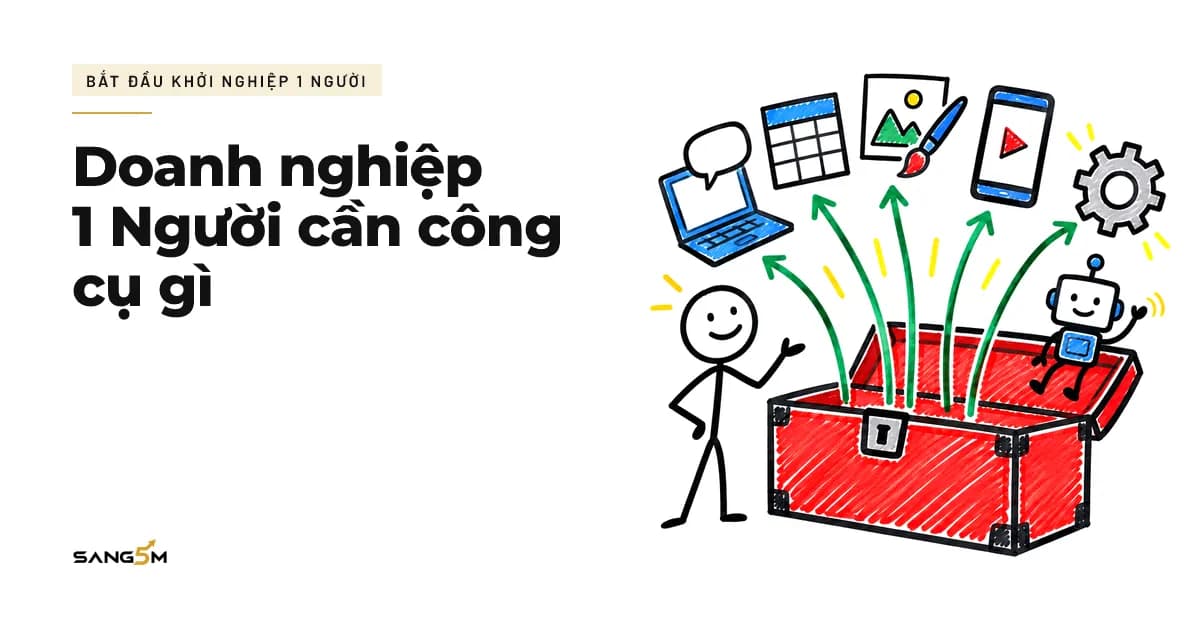 Người đứng cạnh hộp đồ nghề lớn, năm công cụ như máy tính, bảng tính, điện thoại bay ra