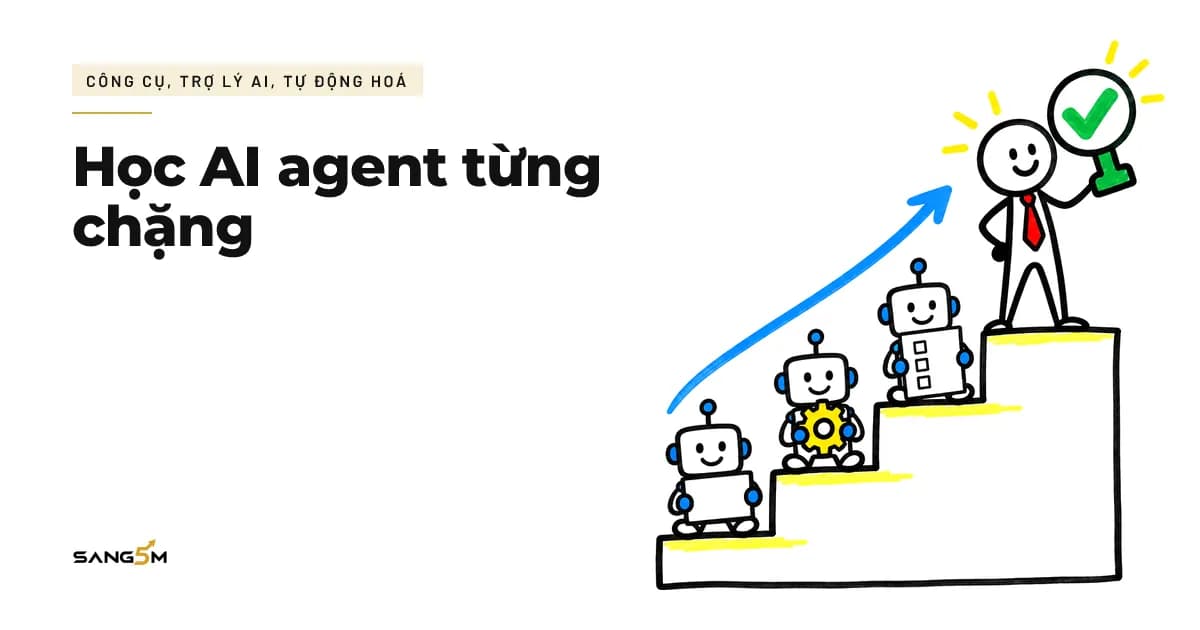 Người que đứng trên bậc cao cầm dấu tích xanh, ba robot nhỏ đứng ở ba bậc thang bên dưới