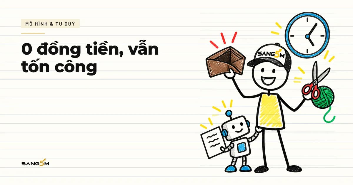 Người bán đội nón SANG5M mở chiếc ví rỗng, tay kia cầm kéo và cuộn len, bên cạnh có đồng hồ, robot nhỏ cầm tờ nháp