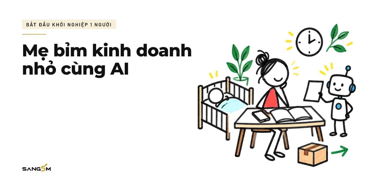 Người mẹ ngồi bàn đọc sổ cạnh nôi em bé đang ngủ, trợ lý AI đưa tờ giấy, hộp hàng dưới chân có mũi tên đi giao