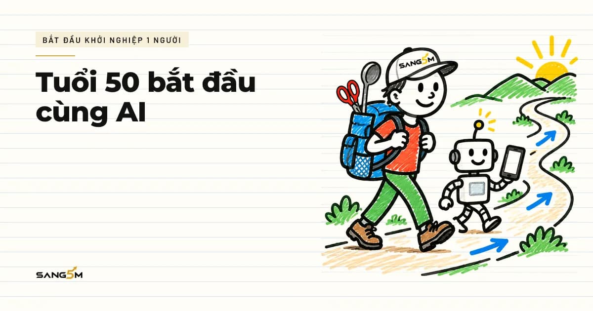 Người que đội nón SANG5M đeo ba lô cắm cây kéo và cái muôi, bước lên con đường mới, robot nhỏ cầm điện thoại đi cạnh