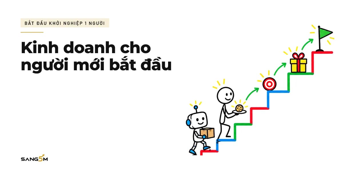 Người mới cầm chiếc bánh quy đứng ở bậc thang đầu tiên, trợ lý AI đi sau mang hộp nhỏ
