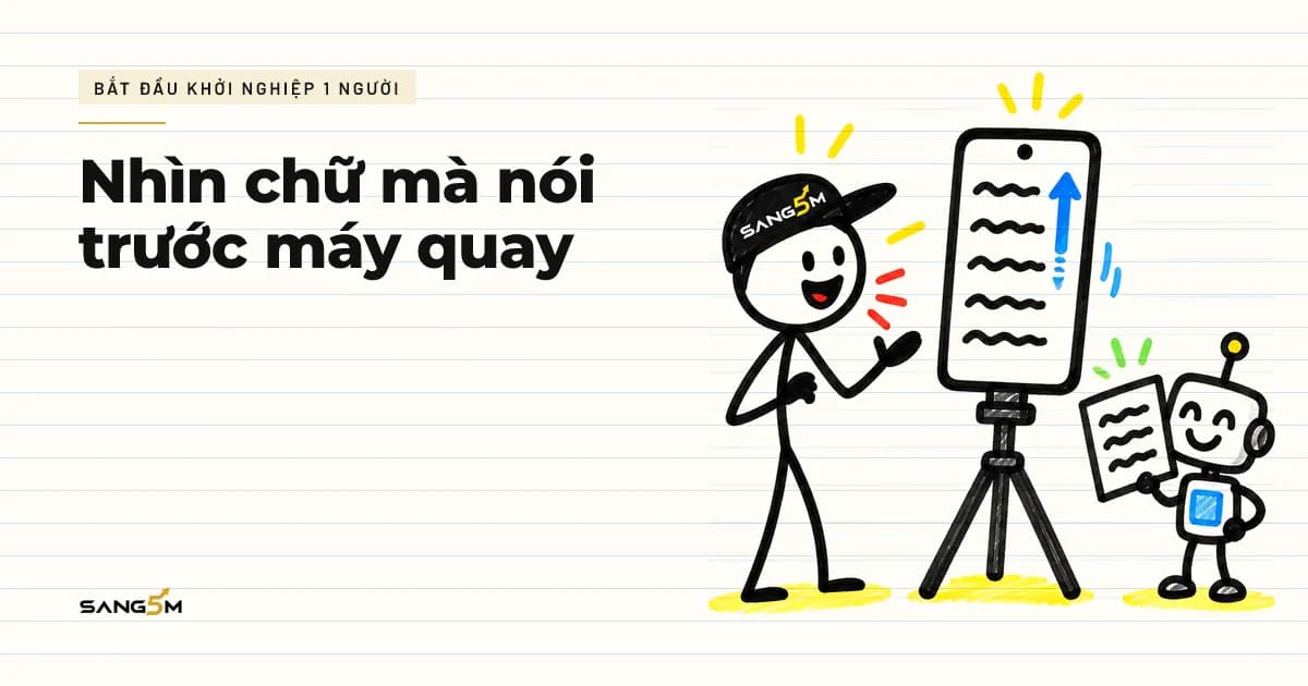 Người đội nón SANG5M nói trước điện thoại trên giá ba chân, dòng chữ chạy sát ống kính, robot nhỏ cầm tờ lời chia câu ngắn