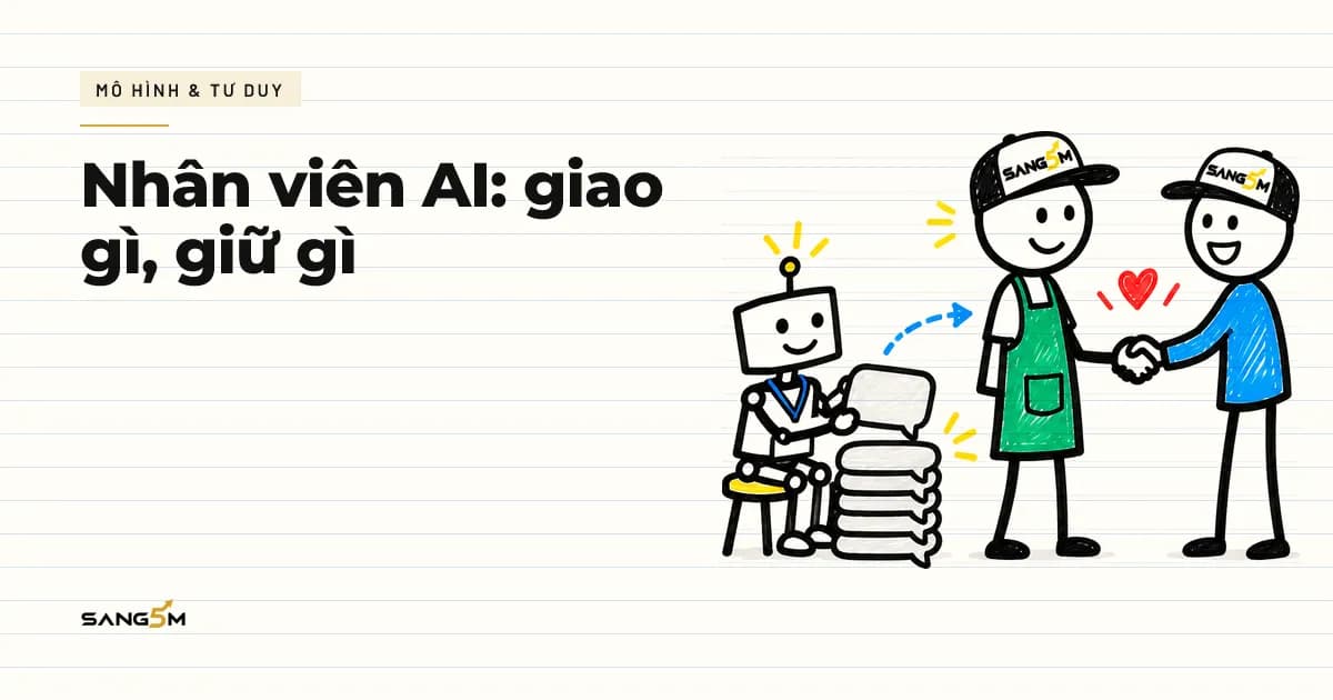 Người đội nón SANG5M bắt tay khách quen, robot nhỏ đeo bảng tên ngồi bên cạnh xếp các thẻ tin nhắn lặp lại