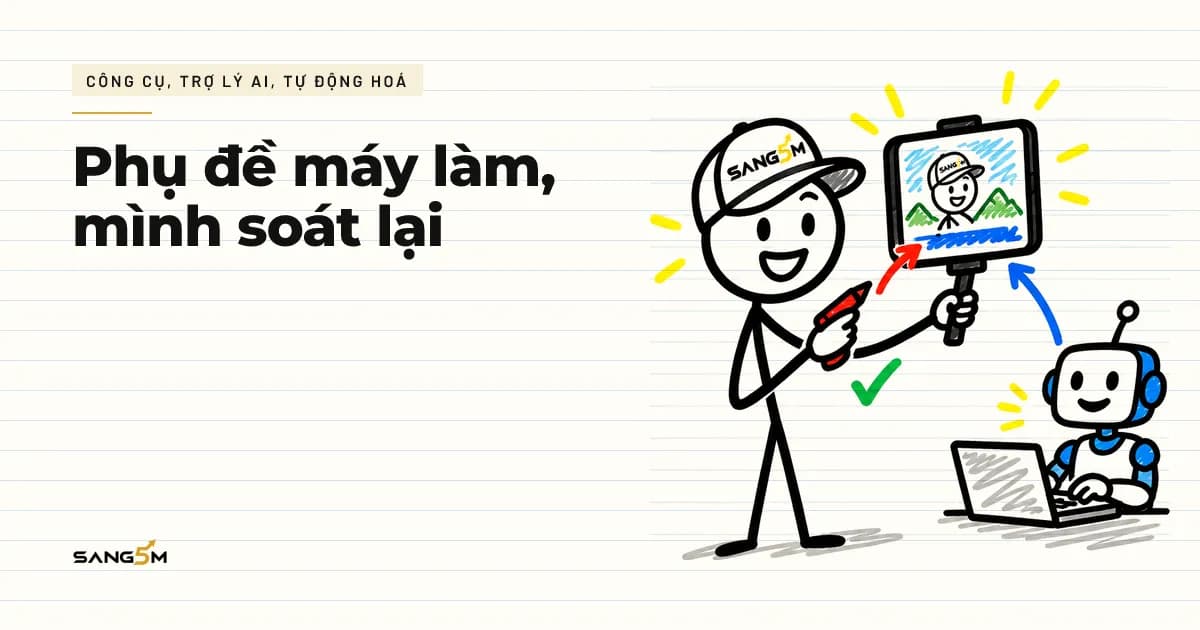 Người đội nón SANG5M quay video bằng điện thoại, phụ đề chạy dưới khung hình, robot nhỏ gõ chữ, người cầm bút đỏ soát lại