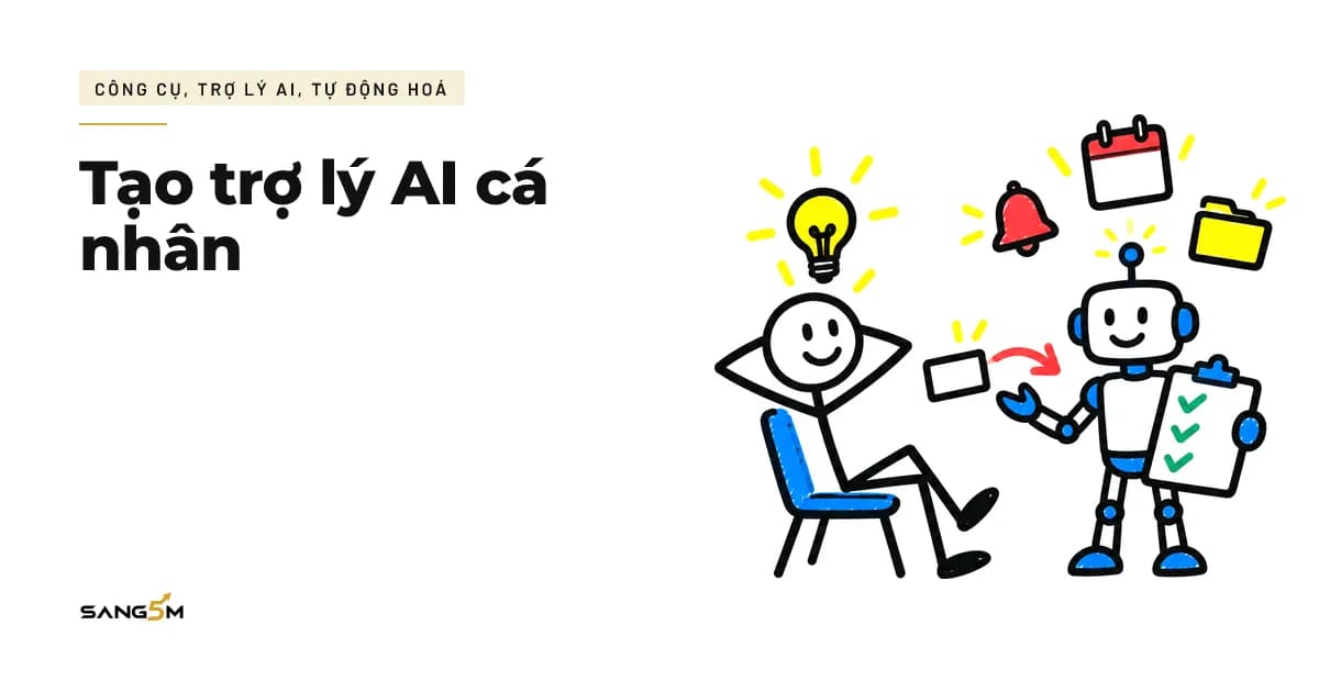 Người ngả lưng thư giãn, chuyền thẻ việc cho trợ lý AI cầm bảng ba dấu tích, quanh có chuông