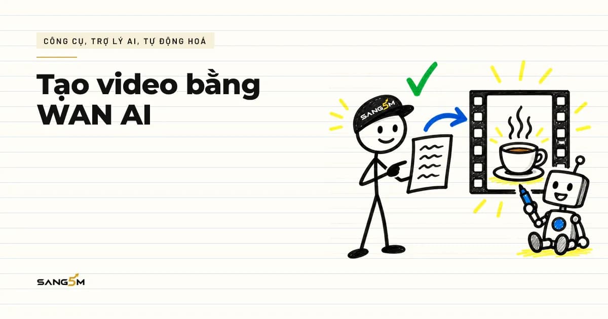 Người đội nón SANG5M cầm tờ giấy lời tả cảnh, khung phim có ly cà phê bốc khói, robot nhỏ vẽ cảnh bên cạnh