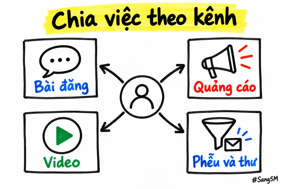 Bản đồ bốn kênh tiếp thị toả ra từ một điểm: bài đăng, quảng cáo, video, phễu và thư, mỗi kênh một bài chi tiết.