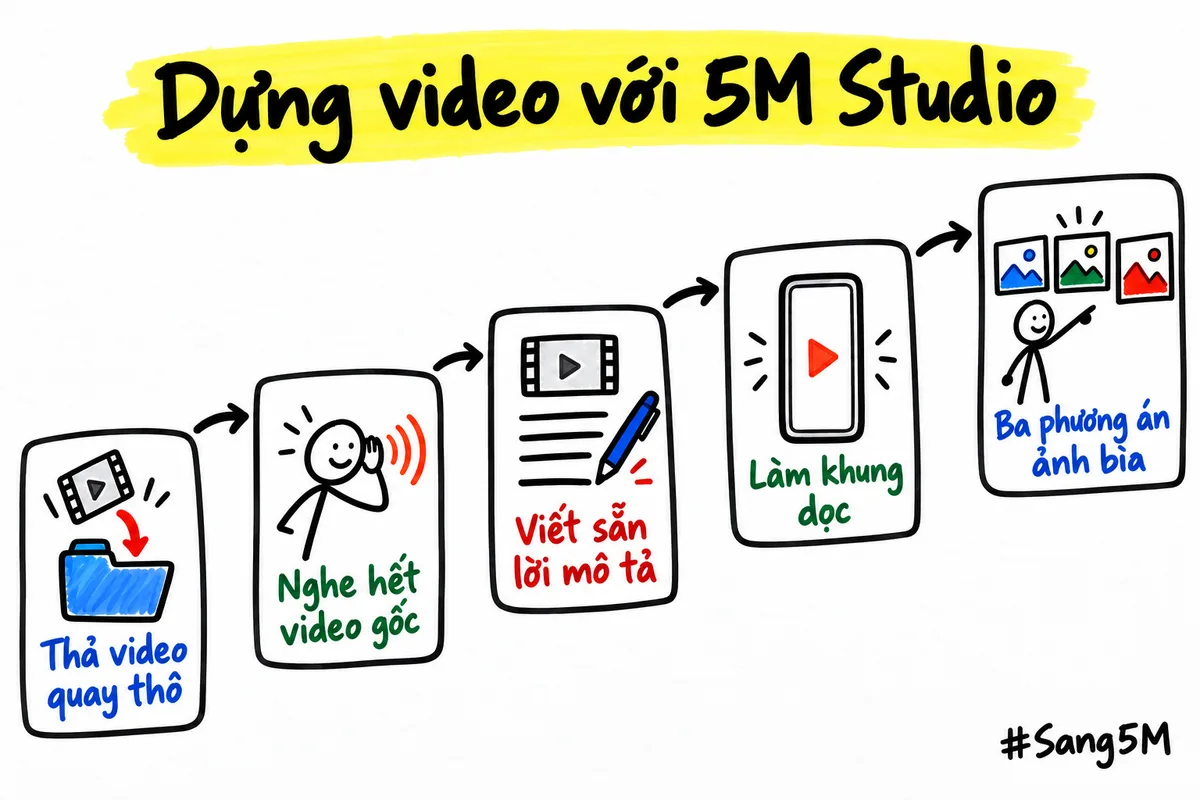 Năm bước dựng video với 5M Studio: thả video quay thô, nghe hiểu nội dung, viết mô tả, làm khung dọc, chọn ảnh bìa.