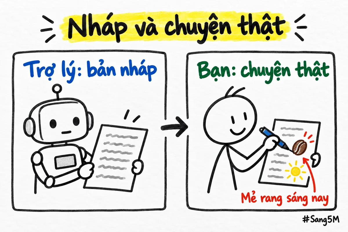 Hai nửa của bài đăng: trợ lý lo bản nháp, bạn thêm chuyện thật như mẻ rang sáng nay.
