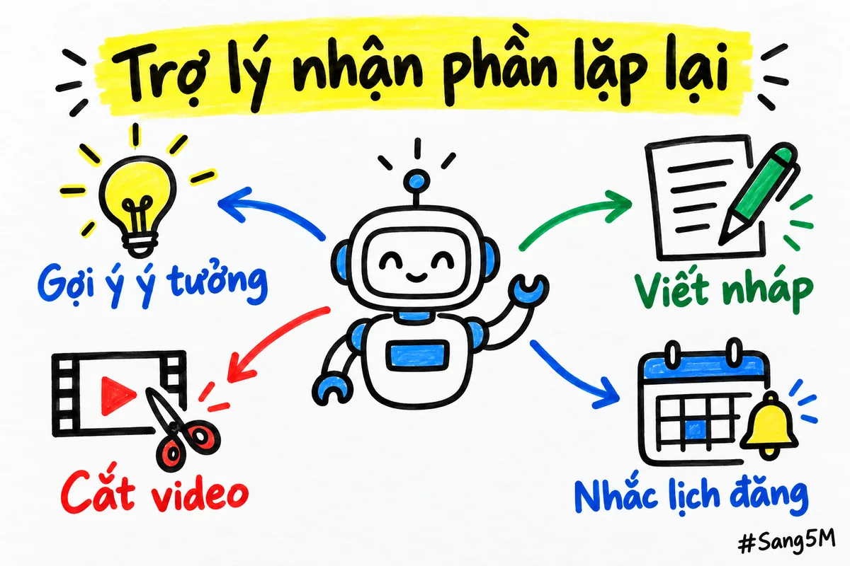 Một trợ lý robot nhận bốn việc tiếp thị lặp lại: gợi ý ý tưởng, viết nháp, cắt video và nhắc lịch đăng.