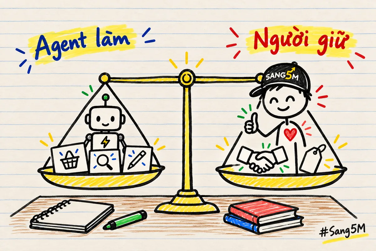 Cái cân hai đĩa: đĩa agent làm chở giỏ hàng, kính lúp, bút chì; đĩa người giữ chở trái tim, cái bắt tay, nhãn giá.