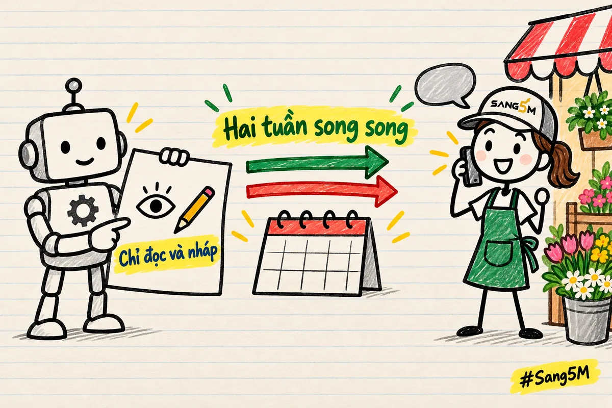 Robot cầm tờ giấy chỉ đọc và nháp cạnh tờ lịch, hai mũi tên song song, chủ tiệm hoa đội nón SANG5M gọi điện cho khách.