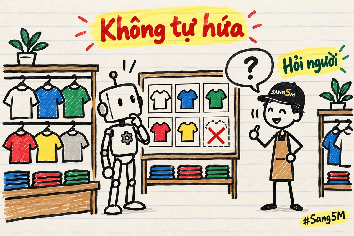 Robot đứng trước bảng áo có một ô gạch chéo hết hàng, chủ cửa hàng quần áo giơ ngón cái dưới bóng nói có dấu hỏi.