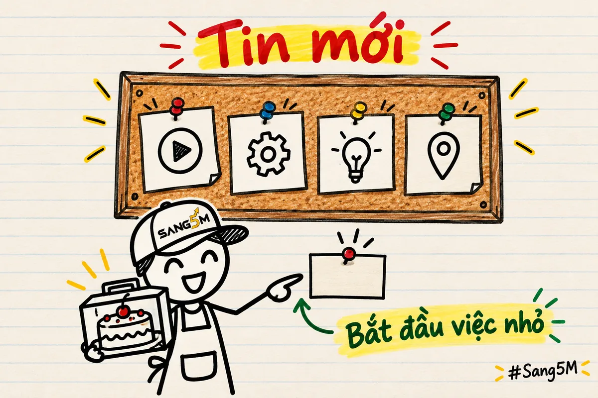 Bảng tin vẽ tay ghim bốn mẩu giấy tin mới, góc dưới có hộp bánh sinh nhật và chủ tiệm bánh chọn một việc nhỏ.