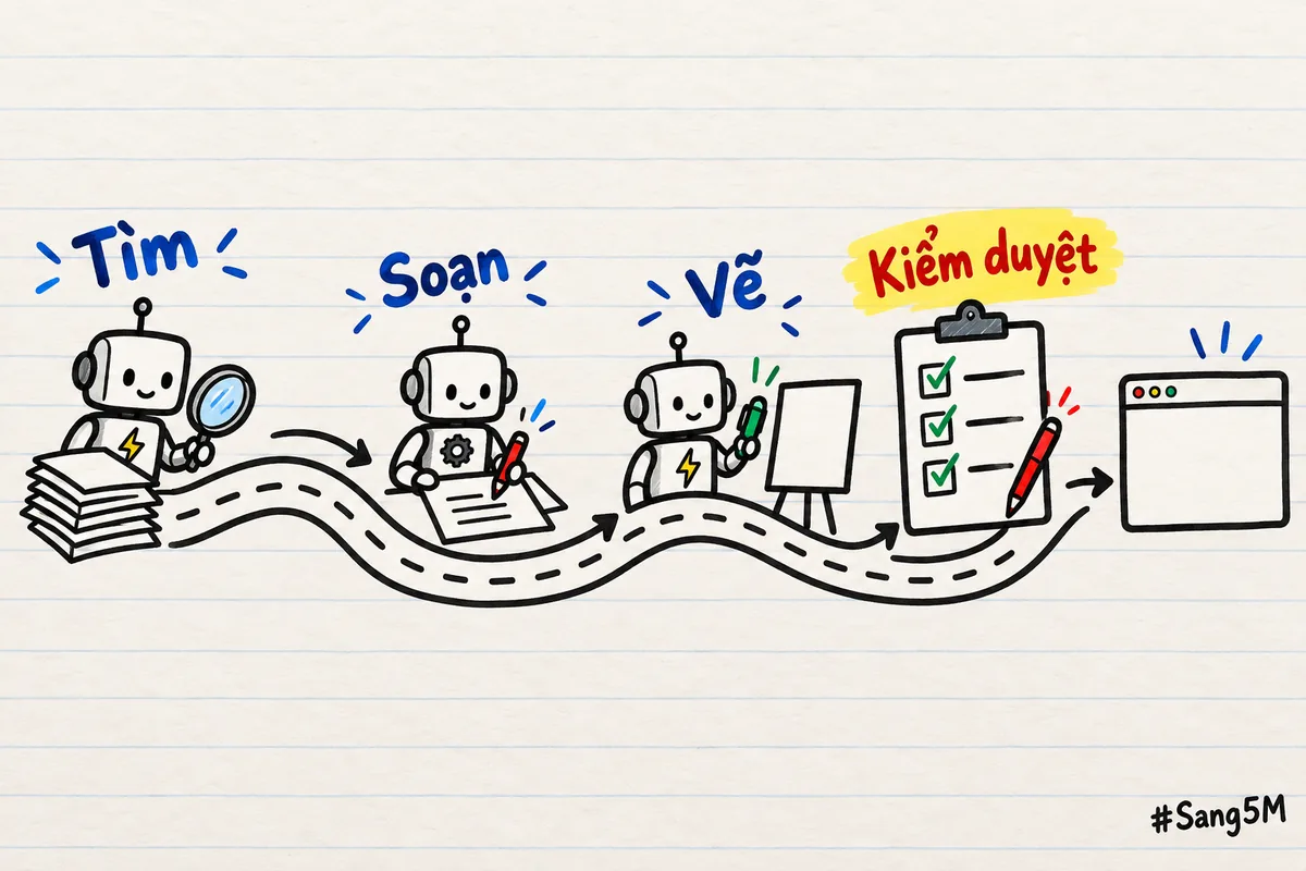 Con đường làm một bài blog: robot tìm, soạn, vẽ, rồi một bước kiểm duyệt trước khi đăng; Sang5M đặt điều bài phải đạt.