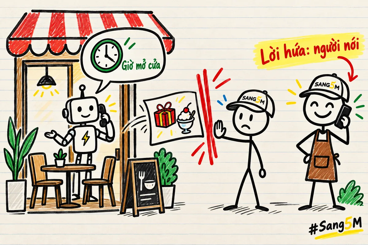 Nhà hàng: robot trả lời giờ mở cửa, tờ hứa tặng quà và kem bị chặn lại, chủ quán cầm điện thoại tự nói với khách.