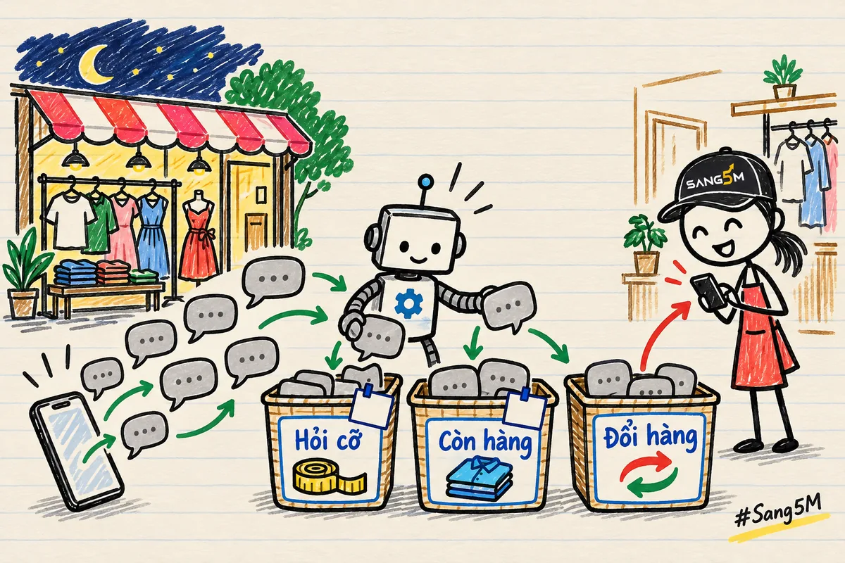 Shop thời trang: robot xếp tin nhắn buổi tối vào ba giỏ hỏi cỡ, hỏi còn hàng, đổi hàng; giỏ đổi hàng chuyển cho chủ shop.