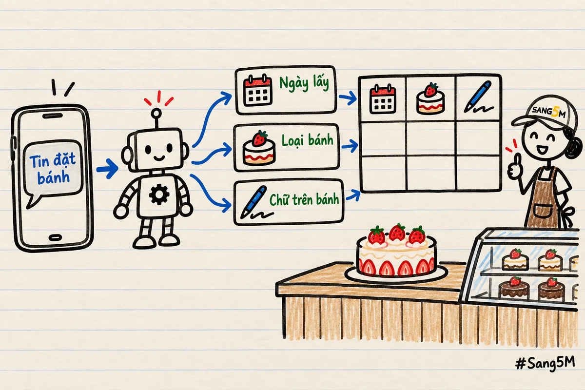 Tiệm bánh: tin nhắn đặt bánh kem dâu được robot tách thành ngày lấy, loại bánh, chữ trên bánh, rồi ghi thành một dòng.
