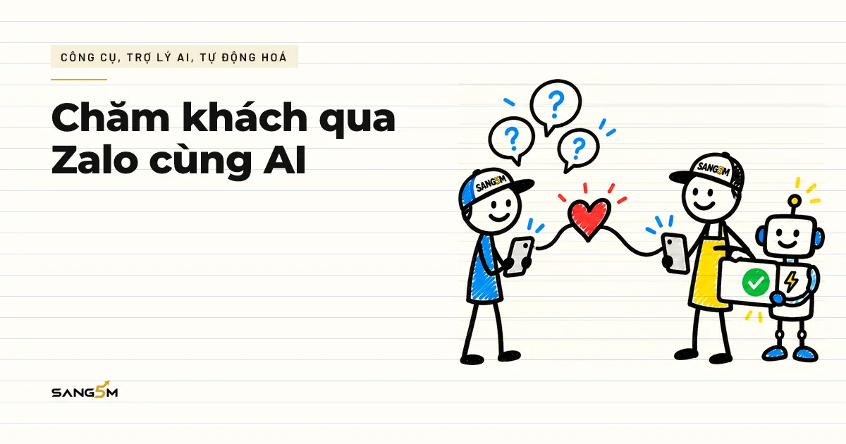 Chủ cửa hàng và khách nhắn qua điện thoại nối bằng trái tim đỏ, bên cạnh là trợ lý AI nhỏ cầm sẵn bản nháp tin trả lời