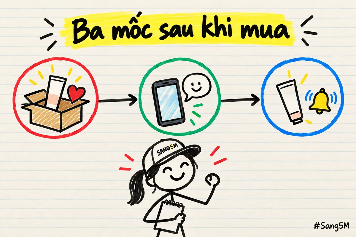 Dòng thời gian ba mốc chăm khách sau khi mua: cảm ơn khi giao, hỏi thăm vài ngày sau, nhắc nhẹ lúc cần mua lại.