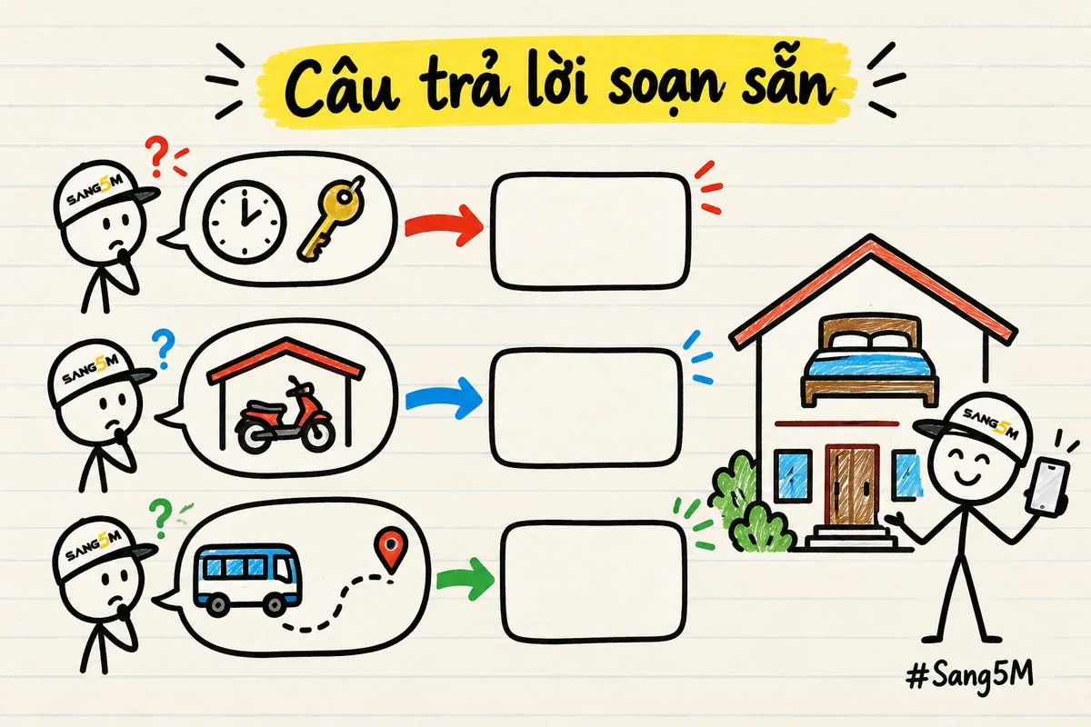 Nhà nghỉ cho thuê phòng nối các câu hỏi về giờ nhận phòng, chỗ để xe và đường đi vào ba thẻ câu trả lời soạn sẵn.