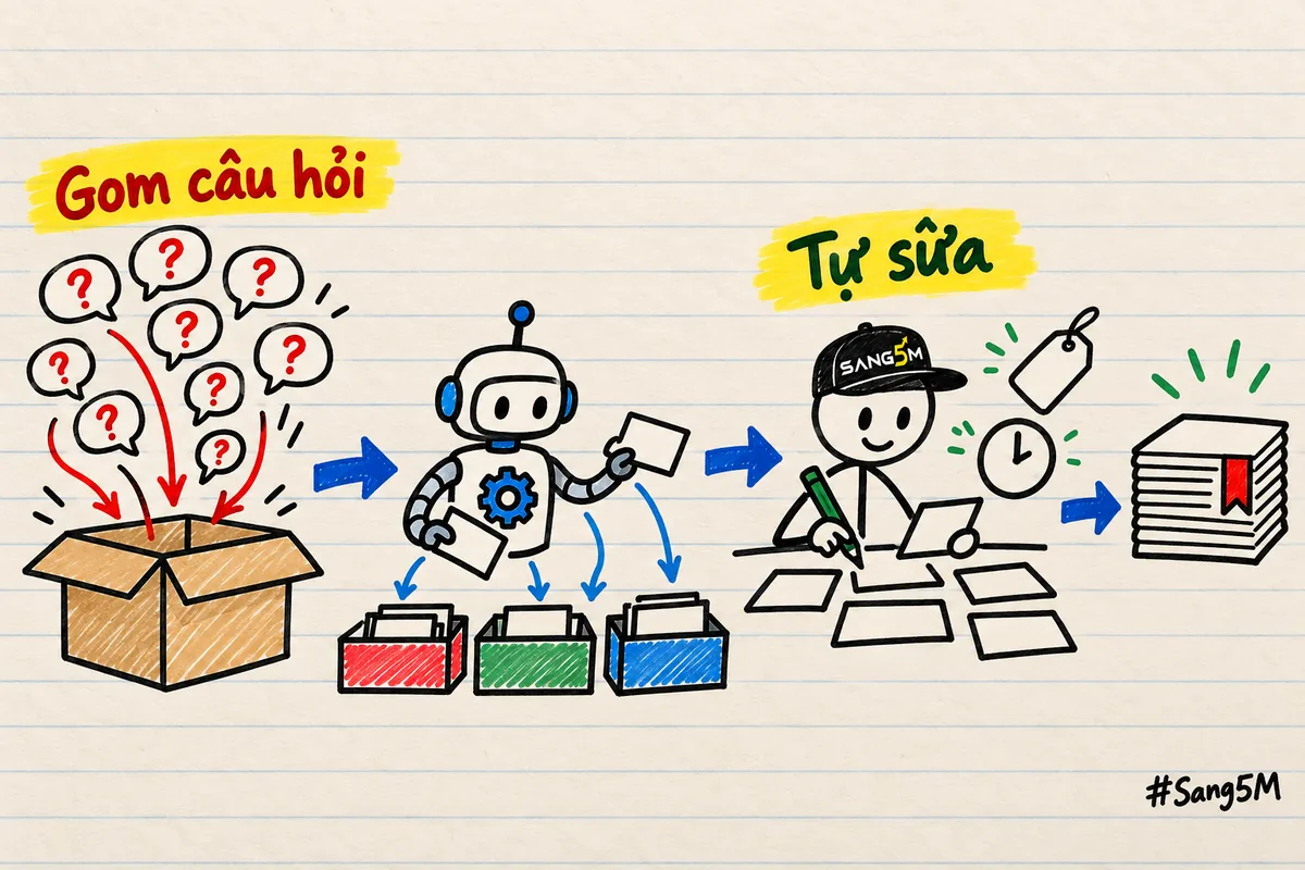 Các câu khách hỏi được gom lại, trợ lý AI nhóm và soạn nháp, rồi người chủ tự sửa giá, giờ và chính sách.