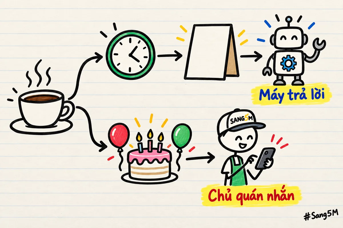 Ngã rẽ ở quán cà phê: câu hỏi giờ mở cửa và thực đơn cho máy trả lời, đơn đặt tiệc sinh nhật để chủ quán tự nhắn.