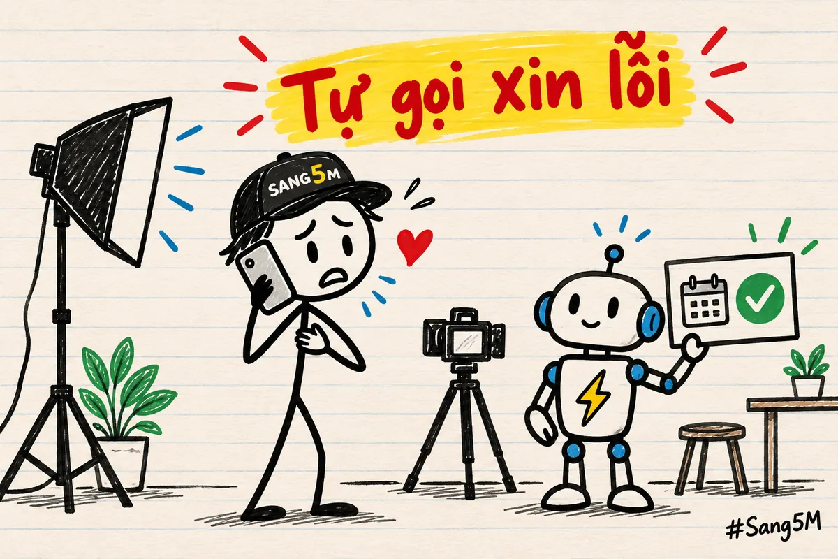 Studio chụp ảnh giao ảnh trễ hẹn, chủ studio tự gọi xin lỗi khách, trợ lý AI chỉ soạn tin xác nhận lịch mới.