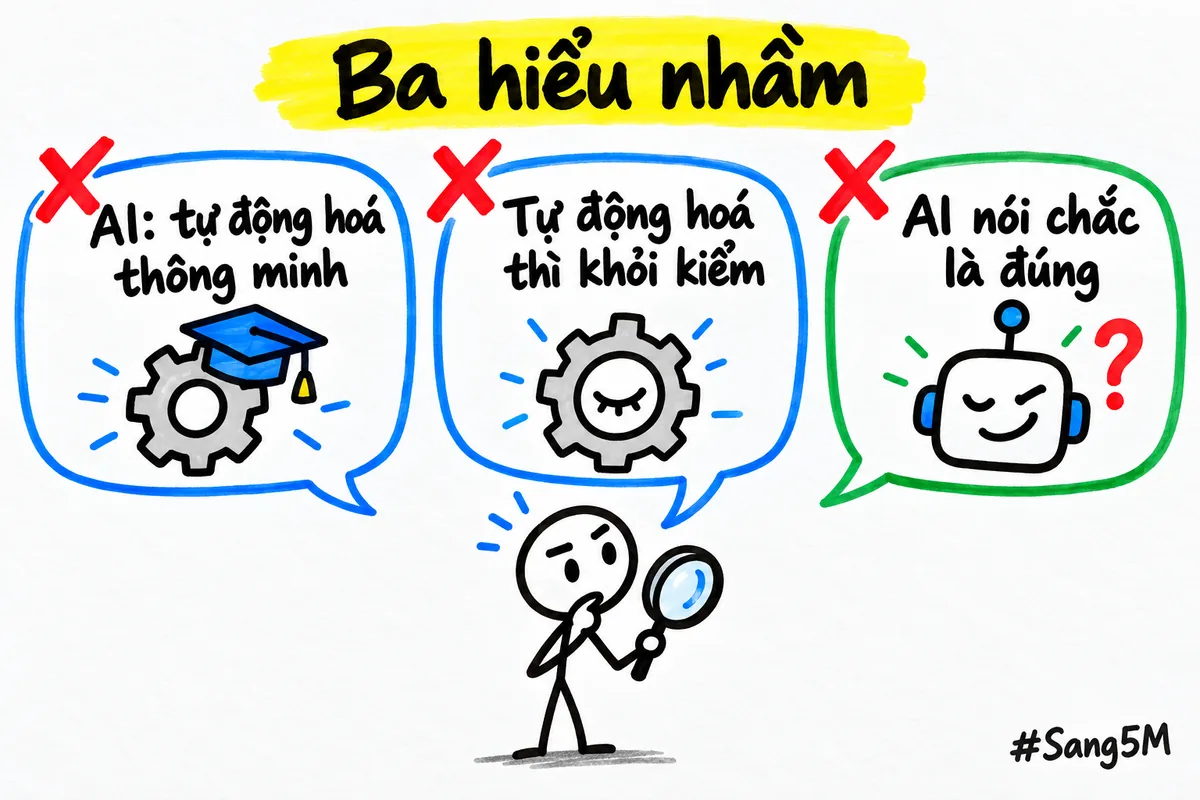 Ba hiểu nhầm về AI và tự động hoá, mỗi hiểu nhầm bị gạch bằng dấu X đỏ.