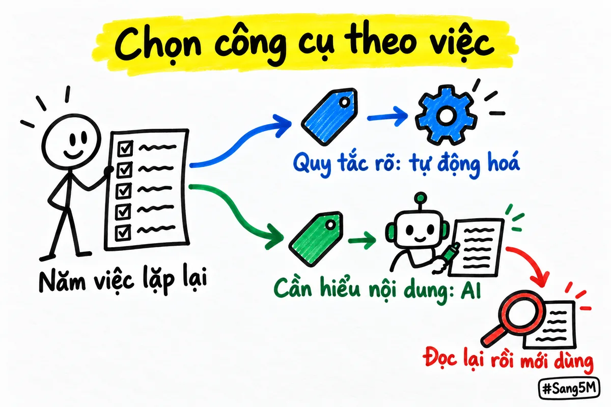 Danh sách năm việc lặp lại chia làm hai cột, một cột cho tự động hoá, một cột cho AI kèm bước đọc lại.