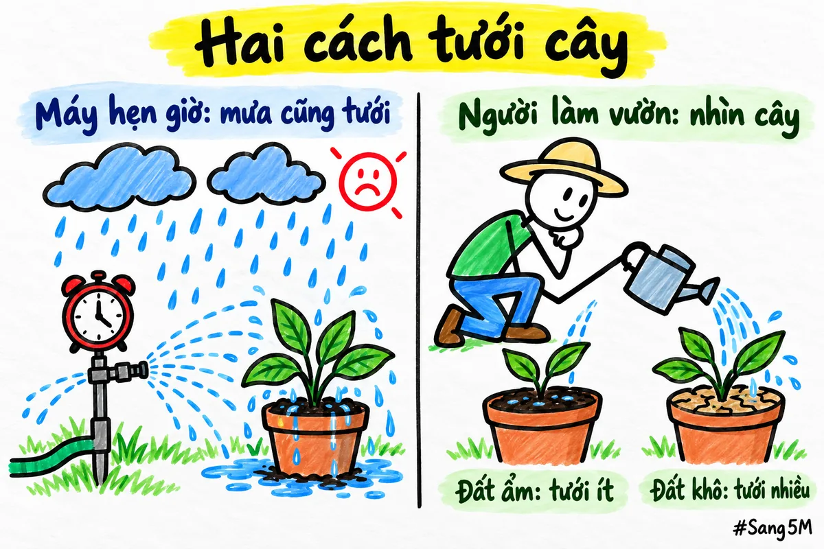 Hai cách tưới cây: máy hẹn giờ tưới cả khi mưa, người làm vườn nhìn đất rồi mới tưới.
