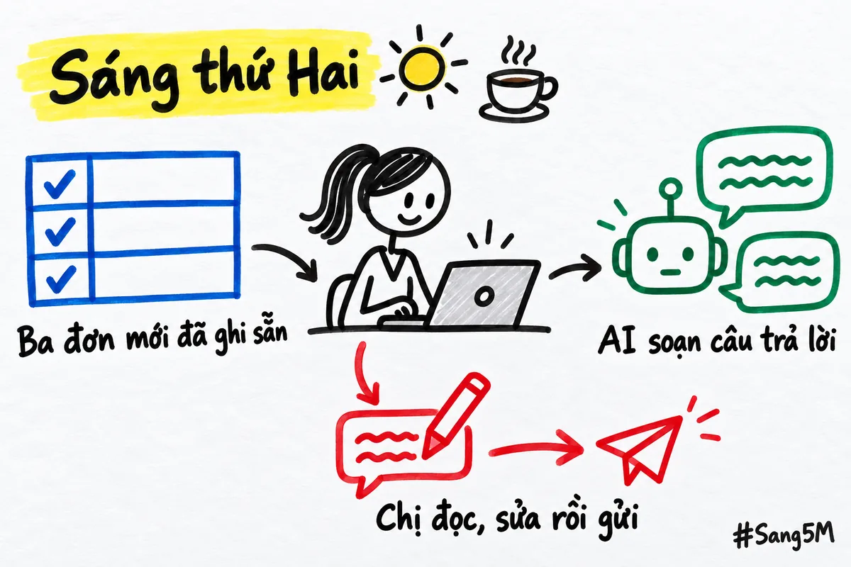 Một buổi sáng thứ Hai: đơn đã ghi sẵn, AI soạn trả lời, chị chủ đọc và sửa rồi mới gửi.