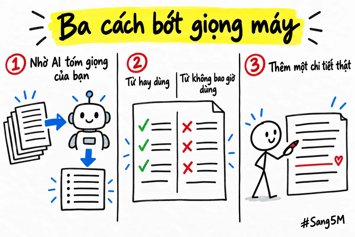 Ba cách bớt giọng máy là nhờ AI tóm giọng từ bài cũ, lập hai danh sách từ nên dùng và từ cấm, rồi thêm một chi tiết thật.