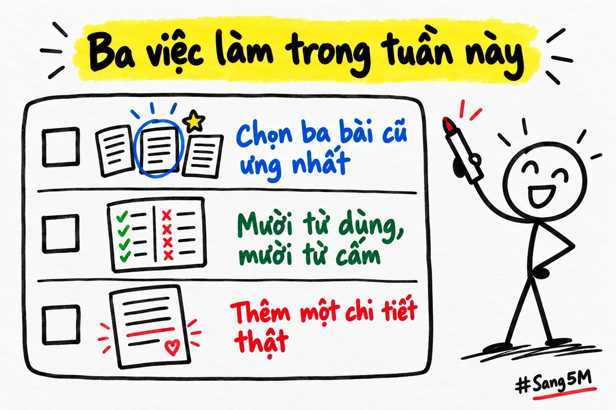 Ba việc làm ngay trong tuần là chọn ba bài cũ ưng nhất, lập hai danh sách từ và thêm một chi tiết thật vào mỗi bài.