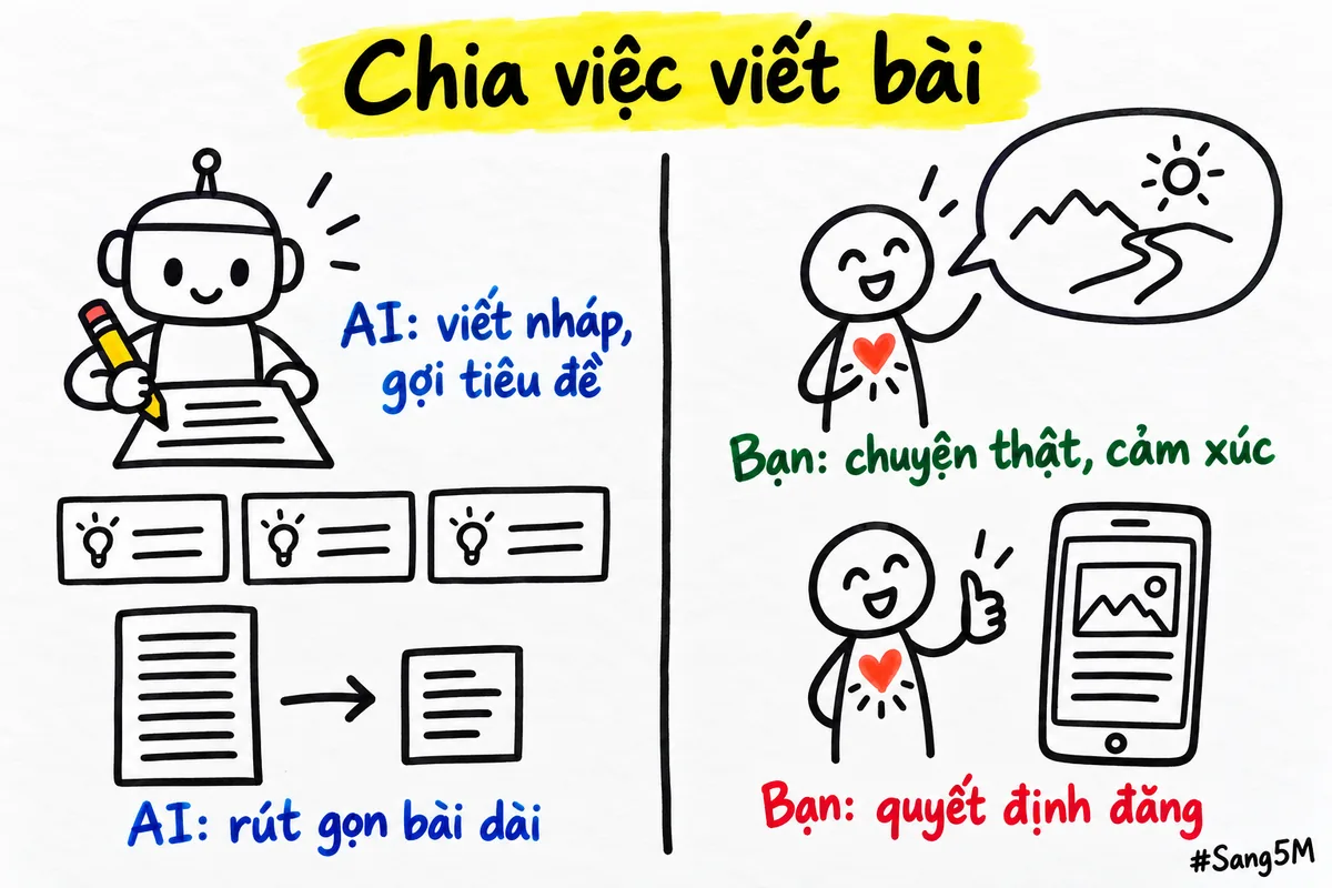 Hai cột chia việc viết bài Facebook, AI viết nháp và gợi tiêu đề, còn bạn giữ chuyện thật, cảm xúc và quyết định đăng.