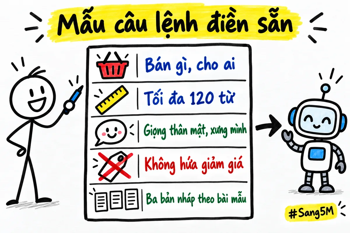 Mẫu câu lệnh điền sẵn có năm dòng, nói rõ bán gì cho ai, độ dài, giọng viết, điều cấm và số bản nháp cần xin.