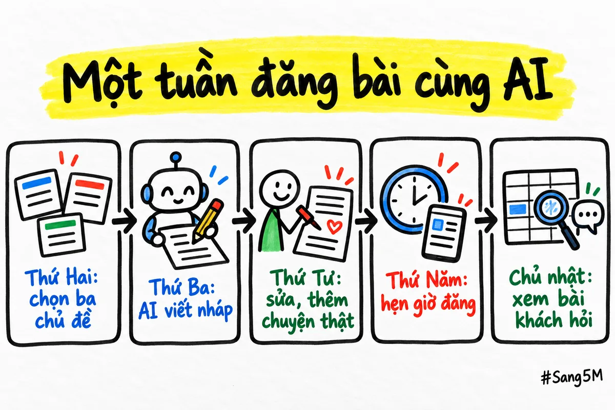 Lịch một tuần chia thành năm việc, từ chọn chủ đề, nhờ AI nháp, sửa bài, hẹn giờ đăng đến xem lại bài được khách hỏi nhiều.