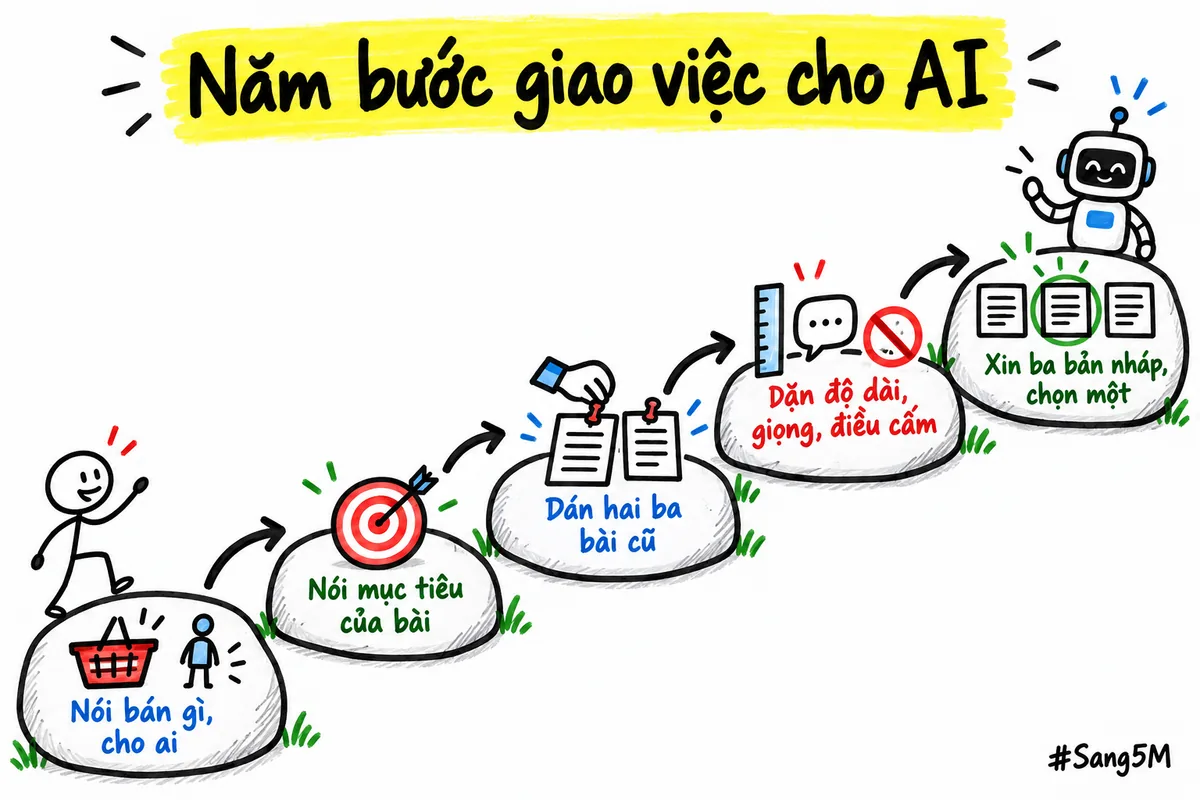 Năm bước giao việc cho trợ lý AI, đánh số từ một đến năm, mỗi bước một biểu tượng.