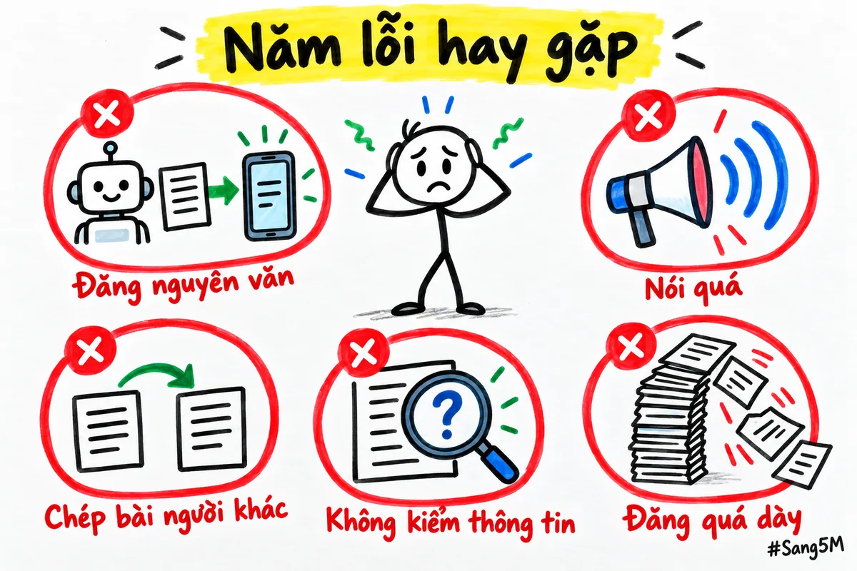 Năm lỗi người mới hay gặp khi để trợ lý AI viết bài, mỗi lỗi gạch dấu đỏ.