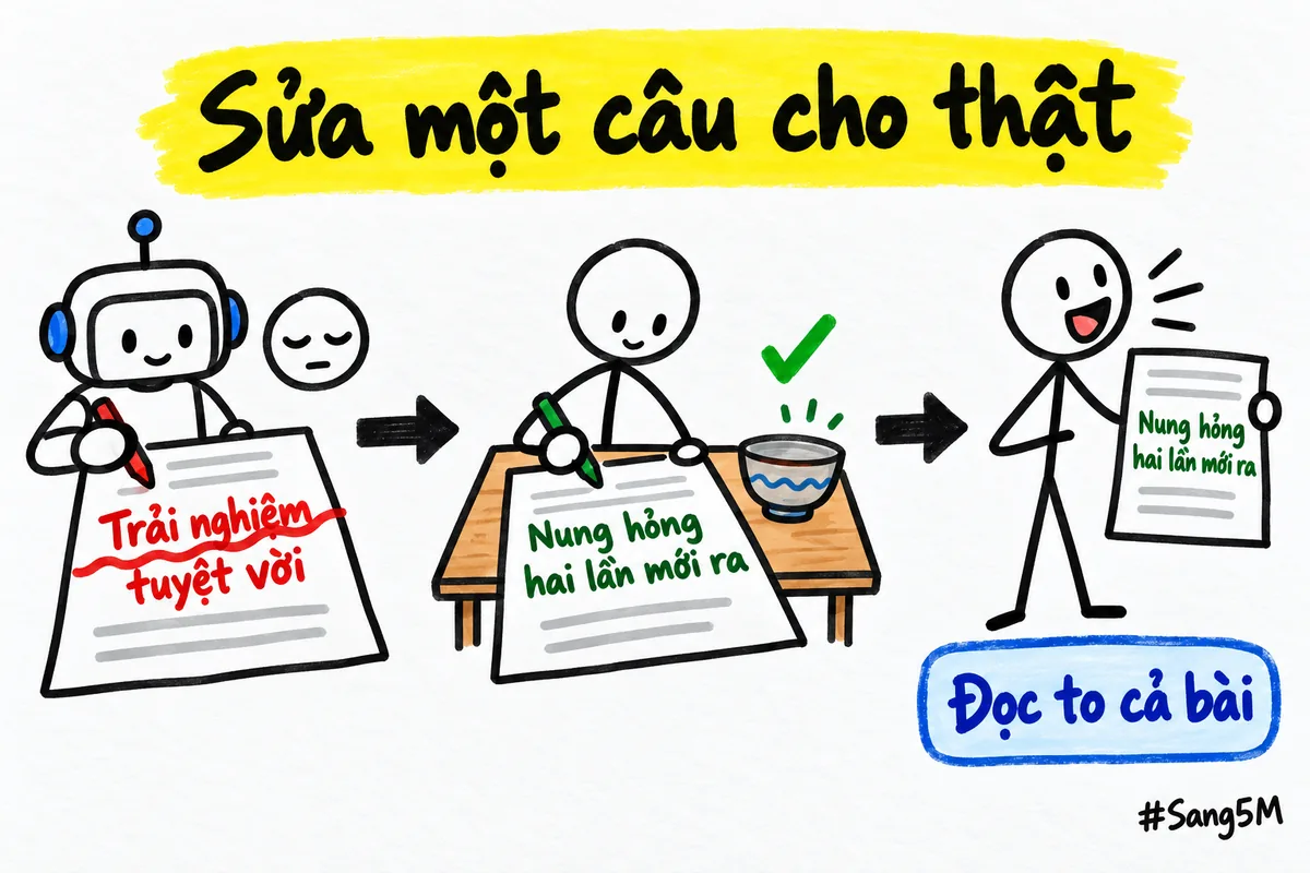 Câu chung chung của AI được sửa thành câu kể chuyện thật, rồi đọc to cả bài để soát lại.