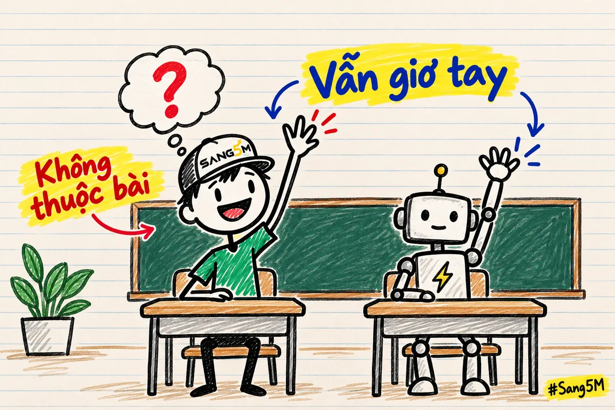 Lớp học vẽ tay, bạn học đội nón SANG5M giơ tay rất cao, bong bóng suy nghĩ có dấu hỏi, robot bên cạnh cũng giơ tay.
